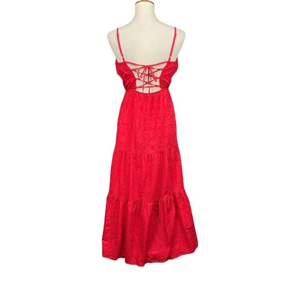 ASOS Dress Womens 4 Red Broderie Tiered Cami Maxi Eyelet Sundress Cotton Lined - Picture 5 of 16